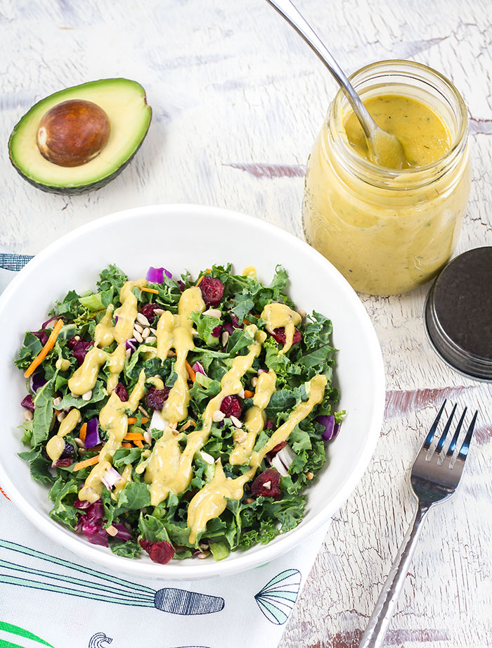 Kale salad with Spicy Avocado Ranch Dressing