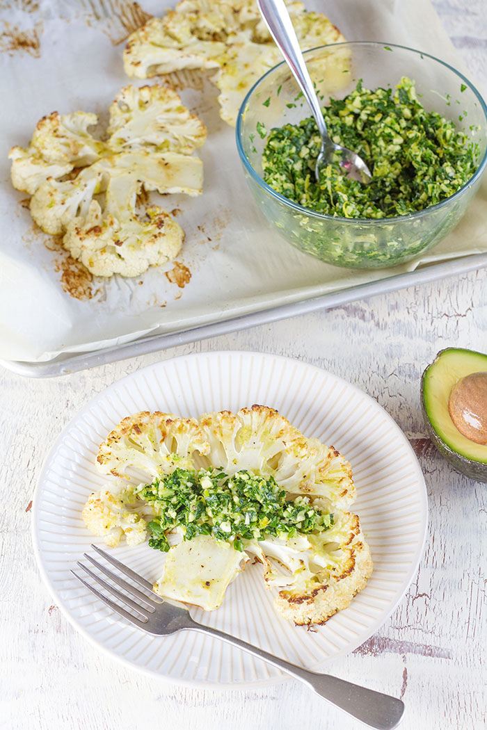 Avocado Cauliflower Steaks with Avocado Gremolata