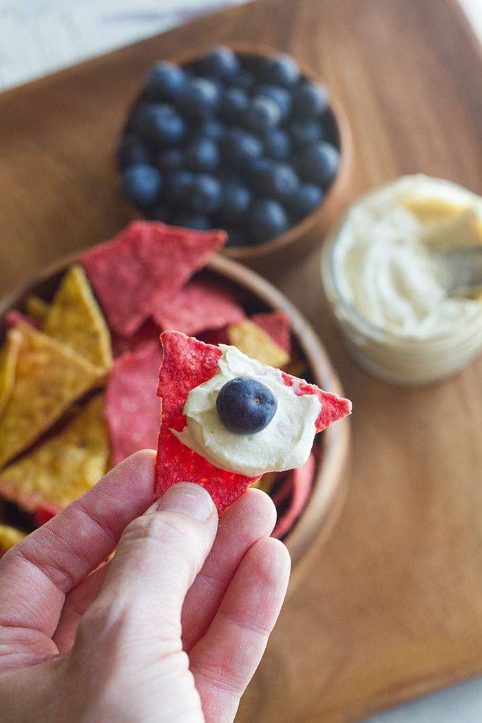 Pairing RW Garcia Tortilla Chips with cashew cream cheese and blueberries