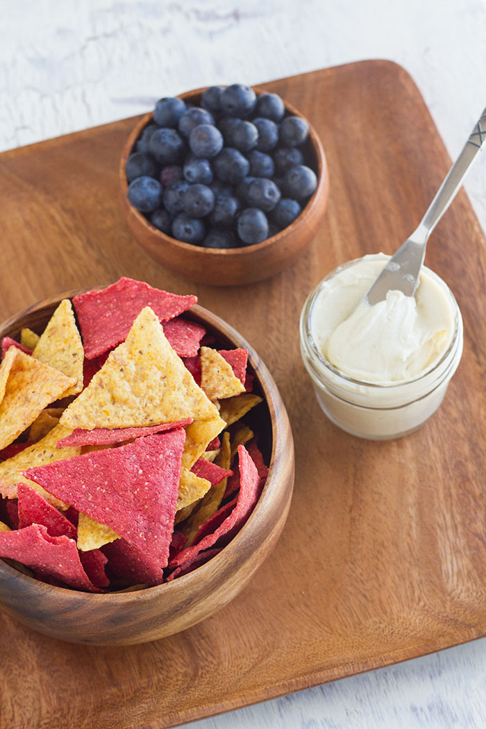 RW Garcia Tortilla Chips with Cashew Cream Cheese and blueberries