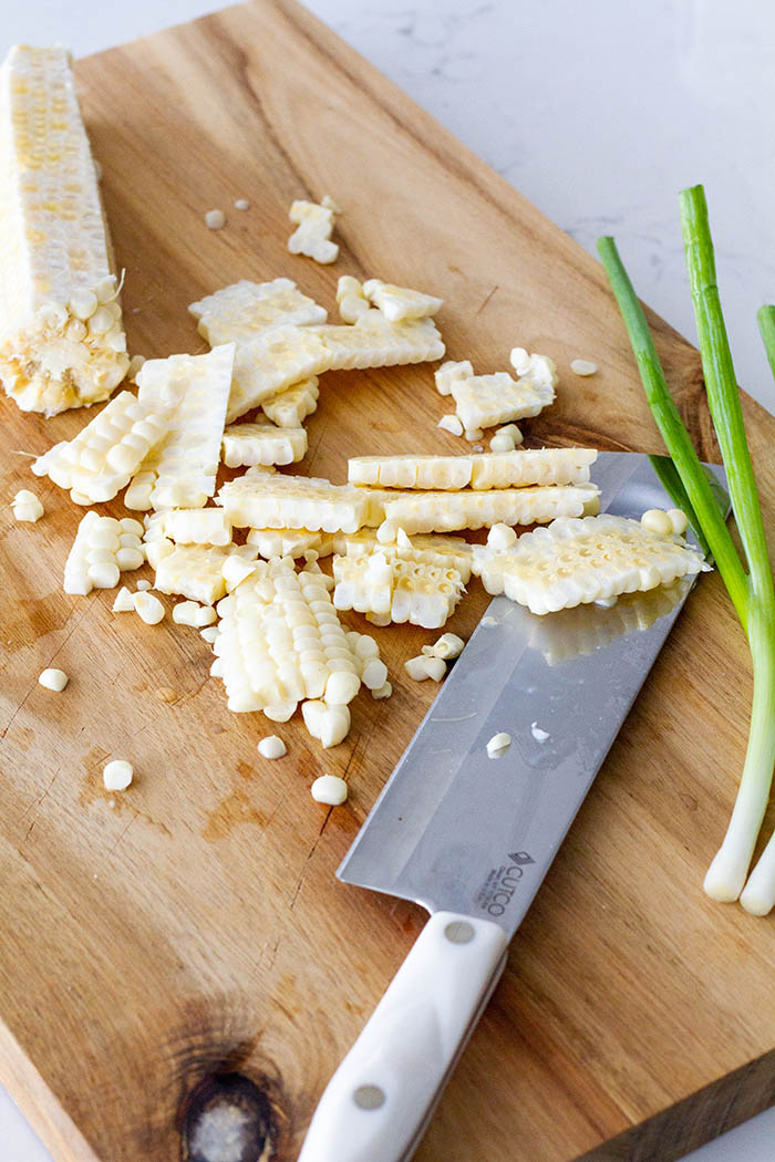 Prepping ingredients for charred corn onigiri