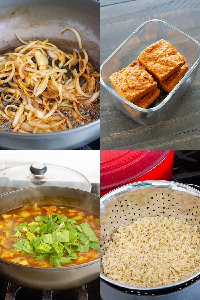different steps of making curry ramen: sauteing onions, adding curry roux blocks and vegetables, cooking noodles