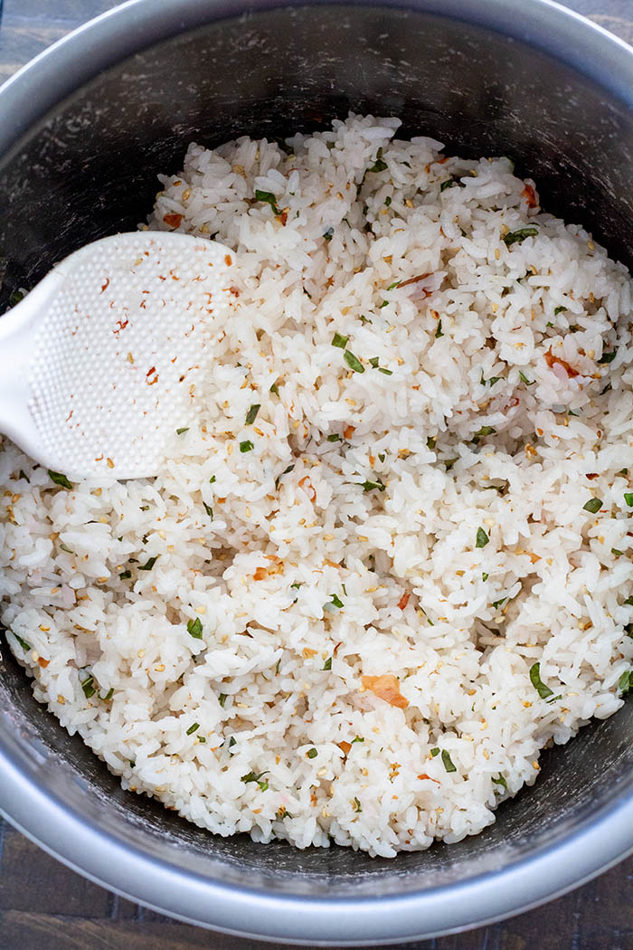 rice made with umeboshi and tossed with shiso and sesame seeds