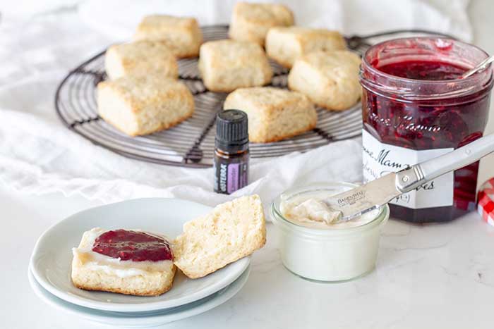 Lavender Scones with butter and raspberry jam